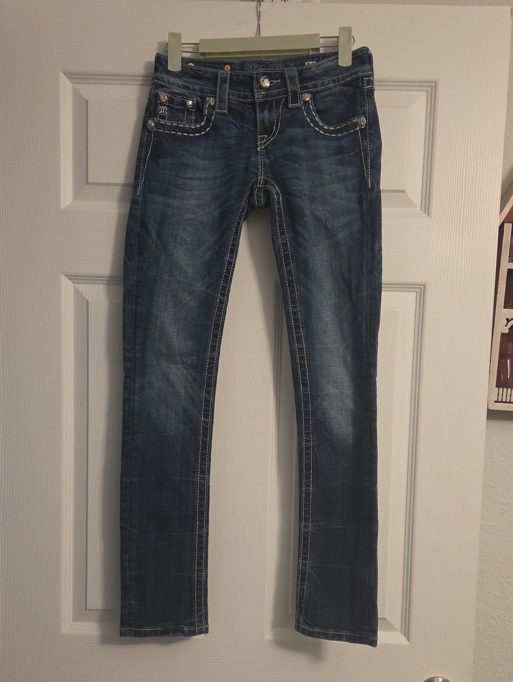 Miss Me Indigo Blue Skinny Jeans with White Stitching